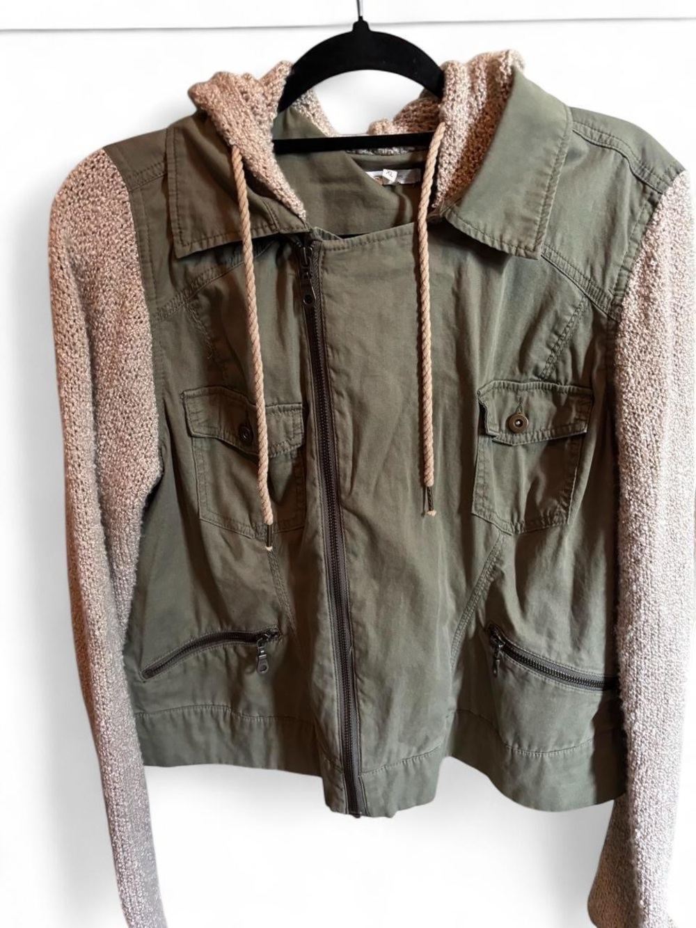 Maurices Olive Green Utility Jacket with Beige Knit Sleeves